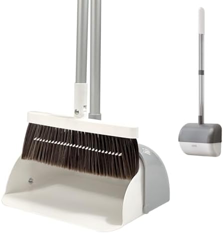 Broom and Dustpan Set for Home, Self-Cleaning with Double Row Teeth, Dustpan with Long Handle, 180° Rotating Broom Head, Dust-Proof Cabin Design, Perfect for Lobby Kitchen Office Restaurant Use