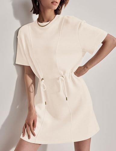 MISSACTIVER Women Summer Mini Dress Crew Neck Short Sleeve T Shirt Dress Casual Elastic Waist Short Dresses with Pockets3