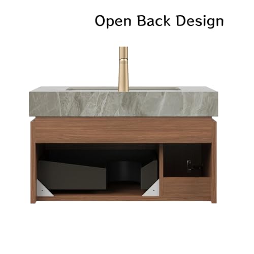 Image of 30 inch Bathroom Vanity with Sink, Wall-Mounted Plywood Bathroom Storage Cabinet with Ceramic Basin & Sintered Stone Countertop, Modern Pre-Assembled Floating Vanity with Drawer & Door, Brown Oak