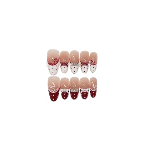 Red French Sweet Bowknot Lace Pearl Glitter Diamond Cat Eye Press On Nails, 10Pcs Handmade False(1 Size,Small)