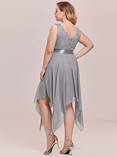 Image of Ever-Pretty Plus Women's V Neck Sleeveless Asymmetric Hem Lace Chiffon Short Summer Plus Size Wedding Guest Dresses Grey US14