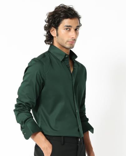 Image of Rare Rabbit Men Regular Fit Solid Beige Satin Long Sleeve Button Shirt