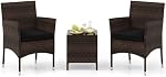 HAPPYGRILL 3 Piece Outdoor Conversation Set, Patio Wicker Chairs & Coffee Table Set with Cushioned Seat & Tempered Glass Tabletop for Backyard Porch Poolside, Black