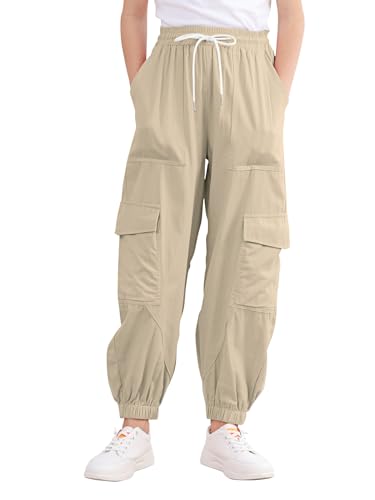 Kimoda Girls Cargo Pants Elastic Waist Casual Jogger Pants for Girls Streetwear Loose Parachute with Pockets 7-14Years