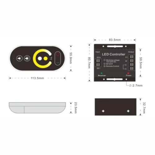 Image of JACKAL LED Strip Controller with Touch Remote, Dual White CCT Dimmer 6A x 2CH, Warm Cool White Adjustable, RF Remote Control for LED Strip Light, Ceiling, Cabinet