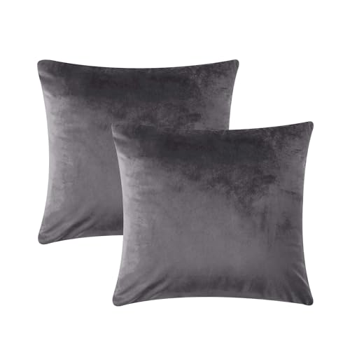 AMEHA Velvet Cushion Covers 45 x 45 cm Set of 2 Square Throw Pillow Cases Decorative Sofa Cushion Covers for Bedroom Couch Living Room with Invisible Zipper (Charcoal/Dark Grey, 18 x 18 Inch)