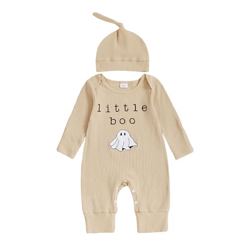 Muineobuka My First Halloween Baby Outfit Newborn Long Sleeve Ribbed Romper with Hat Little Boo Halloween Baby Outfits (Apricot 3-6 Months)