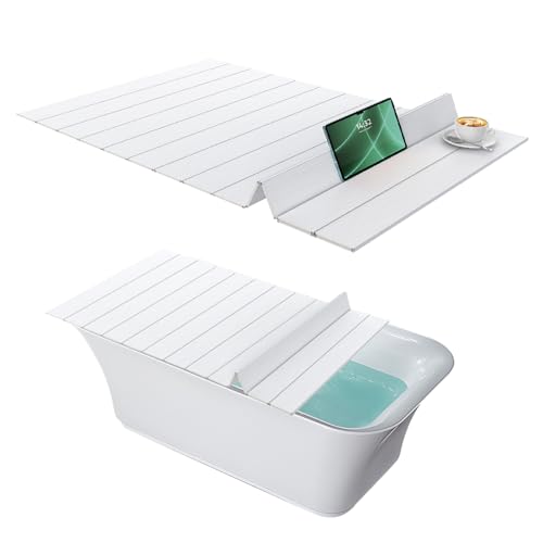 Bathtub Tray Foldable Waterproof Bathtub Cover with Thermal Insulation PVC Shutter Bath Lid Dust-Proof for Most Tubs Laptop Desk & Wine Glass Holder for Home Bathroom Spa (S)