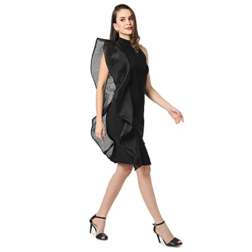 Image of PINACOLADA Women's Solid Black Slim Fit Dress with Sheer Detailing for Casual Wear | Knee Length | Crew Neck | Sleeveless | Stylish Dress Crafted with Comfort Fit & High Performance for Everyday Wear
