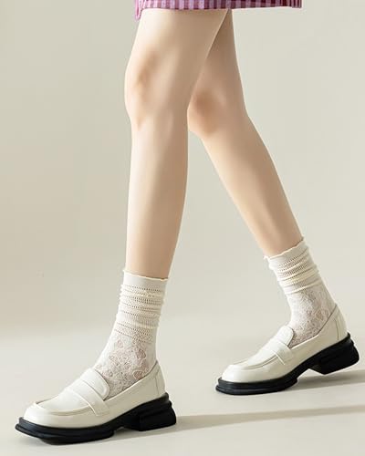 Image of Womens Lace Ankle Socks Mesh Lace Loose Socks Cute Casual Solid Color Princess Socks Sheer Dress Socks 6 Pairs 4-9