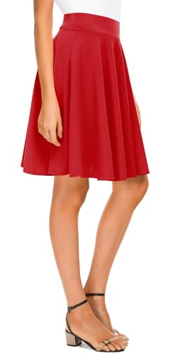 Urban CoCo Women's Basic Midi Skirt Versatile Stretchy Flared Casual High Waisted Skirt(Large, Red-Long)