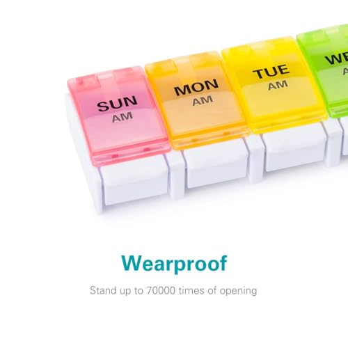 Image of Sukuos AM PM Weekly Pill Organizer 2 Times A Day 2pcs, 7 Day Pill Box with Easy Push Button, BPA Free Medicine Case Vitamin Holder for Fish Oil /Supplements (Rainbow)