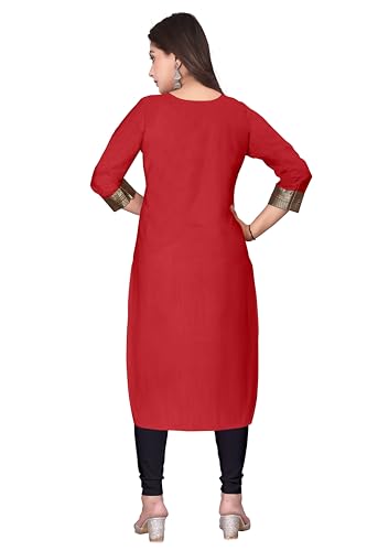 Image of Elegant red Straight Kurti with Golden Embroidered Yoke, Three Quarter Sleeves and Classic Border Detailing for Festive, Office and Everyday wear