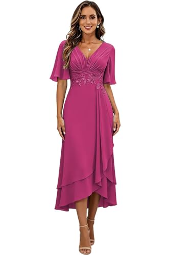 Image of Lace Applique Mother of Bride Dresses Chiffon Mother of the Groom Dresses Tea Length Formal Evening Dress with Sleeve