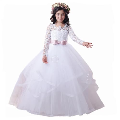 Custom Flower Girl Dresses Tulle Puffy Tiered Floral Appliques with Pink Bow Long Sleeve for Wedding Birthday Banquet Party Holy Communion Gown