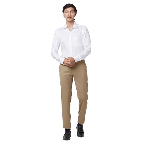 Image of Raymond Men's Poly Viscose Blend Solid Pattern Slim Fit Flat Front Formal Trouser