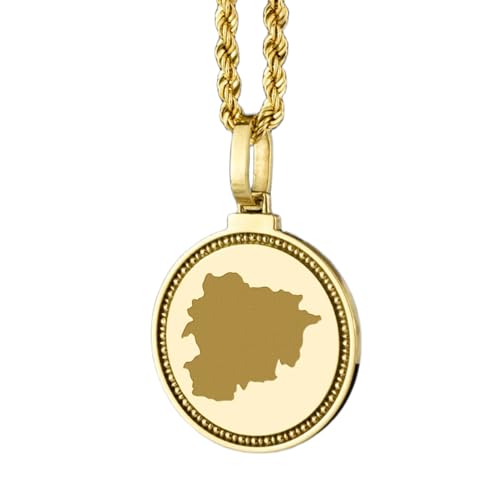 WORLD WIDE GEMS Pendentif rond en argent sterling 925 gravé d'une carte d'Andorre (25 mm), plaqué or, bijou de voyage unisexe | WW_EGMP_0180