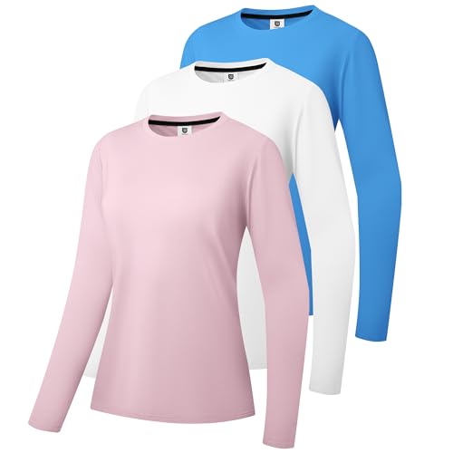 3er-Pack Damen Baumwoll Langarm T-Shirts Rundhalsausschnitt Feuchtigkeitstransportierende Shirts Bequeme Freizeit Oberteile Blau/Weiß/Rosa 06-M