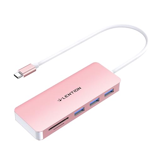LENTION USB C Hub, 5-in-1 USBC Multiport Adapter with 3 x Powered USB 3.0 Ports 5Gbps, SD/TF Card Reader, for MacBook Pro/Air, iPad, Surface, iPhone 15 & More, Stable Driver 3.0, Rose Gold (
