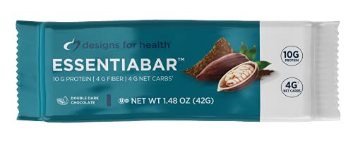 Designs for Health EssentiaBar DDC - Whey + Pumpkin Seed Protein Nutrition Bars - 10g Protein with Prebiotic Fiber + Micronutrients - Gluten-Free, Double Dark Chocolate (18 Bars)