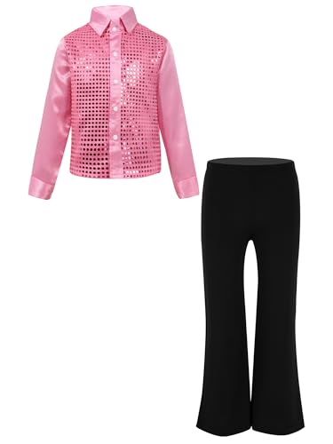 TiaoBug Traje De Baile De Jazz Para Niños Conjuntos De 2 Pcs Camiseta Manga Larga Y Pantalones Largos De Latín Disfraz De Fiesta Actuación Rosa 7-8 años