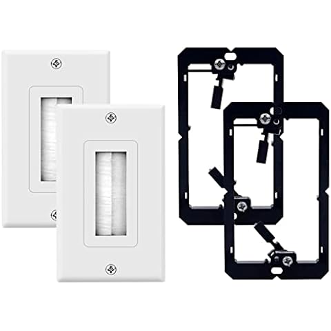 2-Pack Brush Wall Plate with Single Gang Low Voltage Mounting Bracket Wall Plate Cable Pass Through Insert for Wire, Cable Wall Plate for Coaxial Cable, HDMI/HDTV Cable, Network/Phone Cable, White Cover