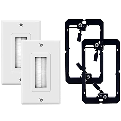 2-Pack Brush Wall Plate with Single Gang Low Voltage Mounting Bracket Wall Plate Cable Pass Through Insert for Wire, Cable Wall Plate for Coaxial Cable, HDMI HDTV Cable, Network Phone Cable, White