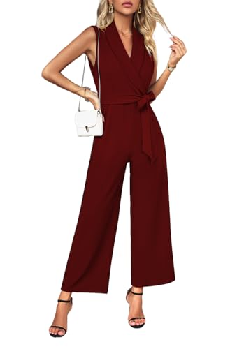 SheKiss Womens Jumpsuits Dressy V Neck Rompers for Women 2026 - Sexy Backless Summer Jumpsuits Casual Wine Red