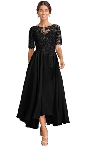Tea Length Mother of The Bride Dresses for Wedding Sequin Lace Applique Short Sleeve Wedding Guest Dresses for Women