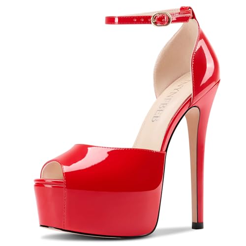 Image of TNYNFBEB Womens Stiletto High Platform Heel Peep Open Toe Sandals Ankle Strap Buckle Prom Party Dress Patent Leather 6.1 Inches Heels