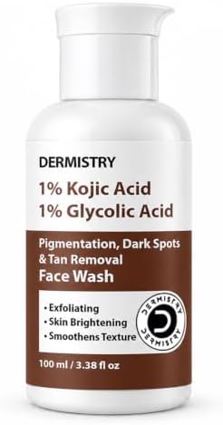 Dermistry 1% Kojic Acid + 1% Glycolic Acid Glowing Skin Lightening Brightening Face Wash for Pigmentation Dark Spots Uneven Tone De D Tan Removal for Men Women Dry Oily Skin 100ml