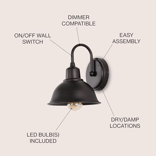 Image of JONATHAN Y 8 inch Oil Rubbed Bronze Farmhouse Industrial 1-Light LED Vanity Wall Sconce for Bathroom Mirror Kitchen, Metal Shade, Dimmable Vintage Lighting, LED Bulb Included (JYL7481B)