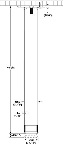 Diagram showing the dimensions of the table leg, including height, diameter, and leveler extension.