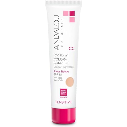 Andalou Naturals 1000 Roses CC Color + Correct with SPF 30, Sheer Beige, 2-in-1 Face Sunscreen + CC Cream for Sensitive Skin, Helps Correct Uneven Skin Tone, Reef Safe Sunscreen, 2 Fl Oz