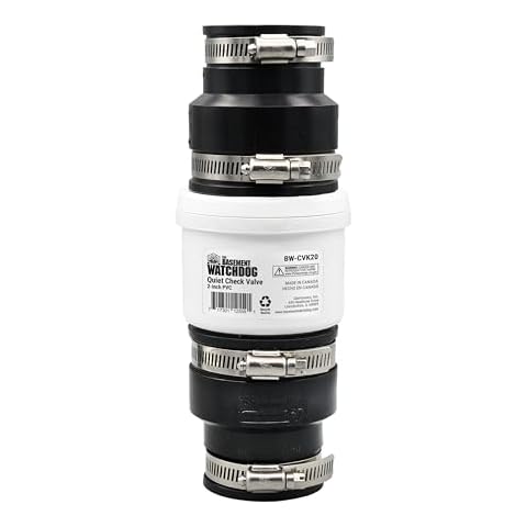 The Basement Watchdog Quiet Sump Pump Check Valve, Durable 2-Inch PVC with Rubber Unions, Easy to Install, Stable Installation, Stainless-Steel Hose Clamps Cover