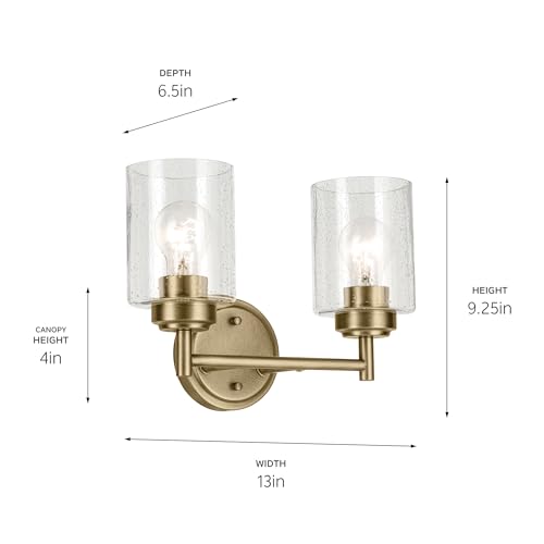 Image of Kichler Winslow 13 inch 2-Light Bathroom Vanity Light Fixture with Clear Seeded Glass in Natural Brass for Luxe Industrial Style Over Mirror (13 inch x 9.25 inch x 6.5 inch), 45885NBR