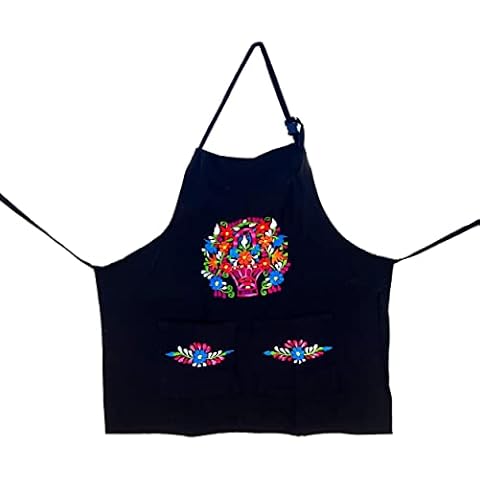 Traditional Mexican apron for women with pockets and beautiful flower embroidery One size - Mandiles para mujer mexicanos, Black, One Size Cover