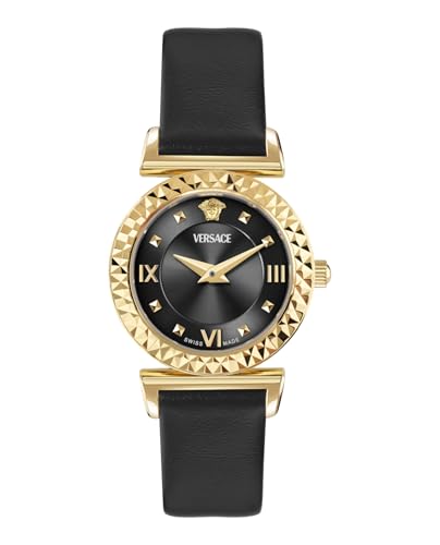 Versace Mini Vanity Collection Luxury Womens Watch Timepieces with a Black Strap and Dial Featuring a Gold Case