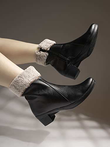 Image of Shoetopia Women's Ankle Boots with Faux Fur Lining | Stylish Winter Block Heel Zip Closure Boots for Casual & Party Footwear