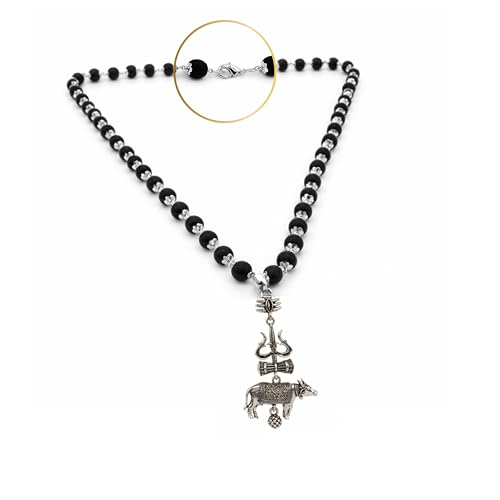 Image of Karungali Malai 8mm Certified with Divine Trishool Nandi Pendant Silver Plated Original | 54 Beads Authentic Black Ebony Wood Mala with German Silver Cap for Men & Women | Spiritual Protection, Energy Balance & Daily Pooja Wear - 1 Piece