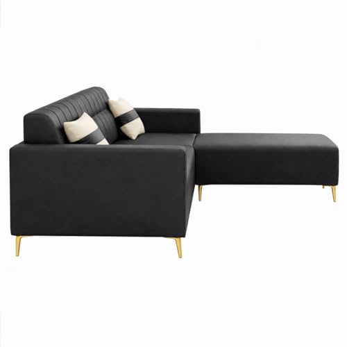 Image of SOCOZI Anton 4 Seater L Shape Sofa Set with Movable Ottoman | Flexible Left or Right Layout | Premium Leatherette with Golden Metal Legs |Sofa for Living Room (Black Leatherette)