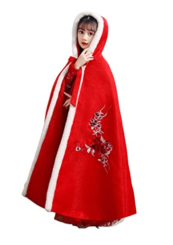 Red Embroidery Cape with Hood Chinese Style Winter Coat for Girl 4-16 Years