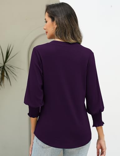 AKEWEI 3/4 Length Sleeve Womens Tops Summer Fashion V Neck Business Casual Blouses Smocked Shirts4