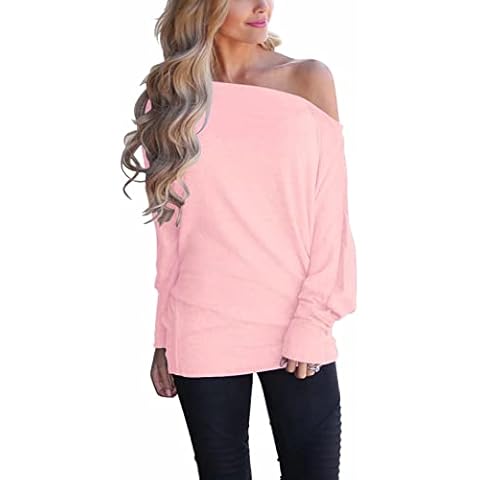 Dressmine Women's Long Sleeve Boat Neck Off Shoulder Tops Blouse Shirts Pink Medium Cover