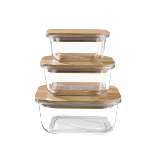 耐熱ガラス 保存容器 3個ArcticDeerセット 木製蓋 電子レンジ 冷凍 食洗機 弁当箱 大容量 食品級 漏れ防止 (スクエア 320ML、520ML、800ML)