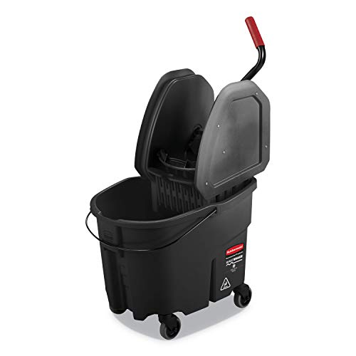 Image of Rubbermaid Commercial Products WaveBrake 35 QT Down-Press Mop Bucket and Wringer Combo on Wheels with Dirty Water Bucket Black for Heavy-Duty Floor Cleaning