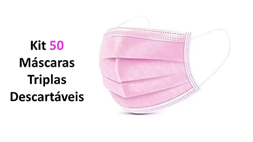 Máscara TNT Tripla Descartável Rosa Com Elástico Com Clipe Nasal - 50 Unidades