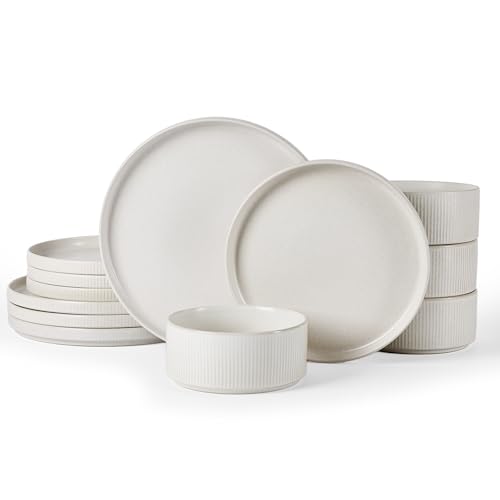 Image of Famiware Star Dinnerware Sets, Plates and Bowls Set for 4, 12 Pieces Ribbed Dishes - Chip and Scratch Resistant, Microwave and Dishwasher Safe Tableware, Matte White