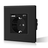 BSEED Schuko Steckdose Schwarz Glas Rahmen 3 in1 Unterputz 16 A Steckdosen 1 Weg mit 2.1 A USB Ladeleistung und Typ C Adapter Aufladestation, Einfache Installation, 3-Draht Erforderlich