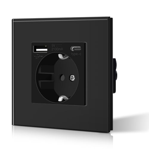 BSEED Enchufe de Pared Enchufe Estándar Schuko con 2.1A USB Mejorado Conector de Carga y Enchufe Tipo C con Panel de Cristal Fácil Instalación 86mm Negro